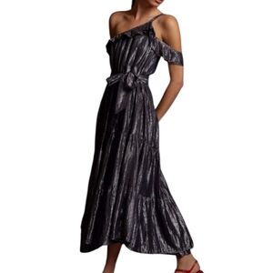 Anthropologie Maeve Black Metallic One-Shoulder Ruffle NYE Dress Women's XL NWT